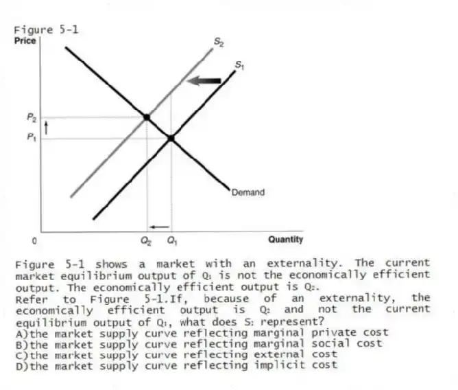 Figure 5-1
Figure 5-1 shows a market with an externality. The current market equilibrium output of Q₁ is not the economically efficient output. The economically efficient output is Q₂.
-Refer to Figure 5-1.If, because of an externality, the economically efficient output is Q₂ and not the current equilibrium output of Q₁, what does S₂ represent?
A)the market supply curve reflecting marginal private cost
B)the market supply curve reflecting marginal social cost
C)the market supply curve reflecting external cost
D)the market supply curve reflecting implicit cost
