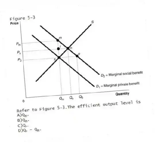 Figure 5-3
-Refer to Figure 5-3.The efficient output level is
A)Q<sub>m</sub>.
B)Q<sub>n</sub>.
C)Qₒ.
D)Qₒ - Q<sub>m</sub>.