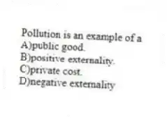 Pollution is an example of a
A)public good.
B)positive externality.
C)private cost.
D)negative externality