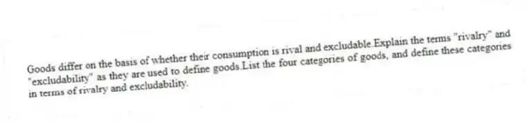 Goods differ on the basis of whether their consumption is rival and excludable.Explain the terms "rivalry" and "excludability" as they are used to define goods.List the four categories of goods, and define these categories in terms of rivalry and excludability.