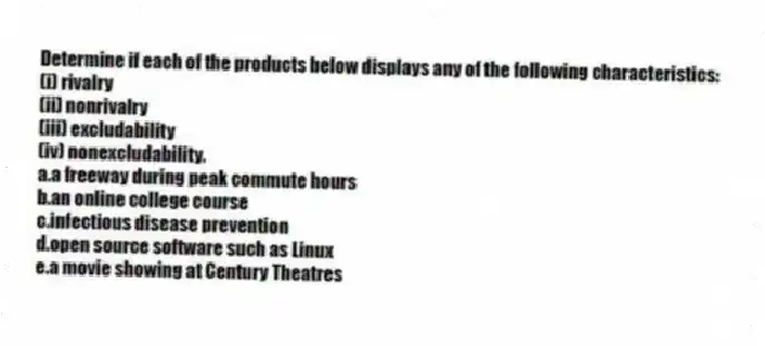 Determine if each of the products below displays any of the following characteristics:
(i) rivalry
(ii) nonrivalry
(iii) excludability
(iv) nonexcludability.
a.a freeway during peak commute hours
b.an online college course
c.infectious disease prevention
d.open source software such as Linux
e.a movie showing at Century Theatres
