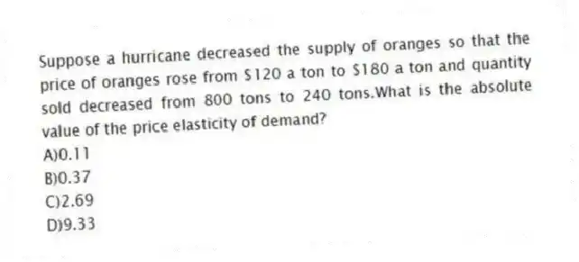 Suppose a hurricane decreased the supply of oranges so that the price of oranges rose from $120 a ton to $180 a ton and quantity sold decreased from 800 tons to 240 tons.What is the absolute value of the price elasticity of demand?
A)0.11
B)0.37
C)2.69
D)9.33