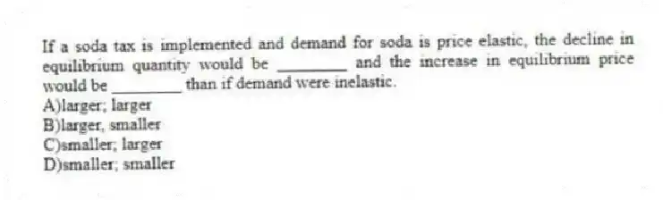If a soda tax is implemented and demand for soda is price elastic, the decline in equilibrium quantity would be ________ and the increase in equilibrium price would be ________ than if demand were inelastic.
A)larger; larger
B)larger, smaller
C)smaller; larger
D)smaller; smaller