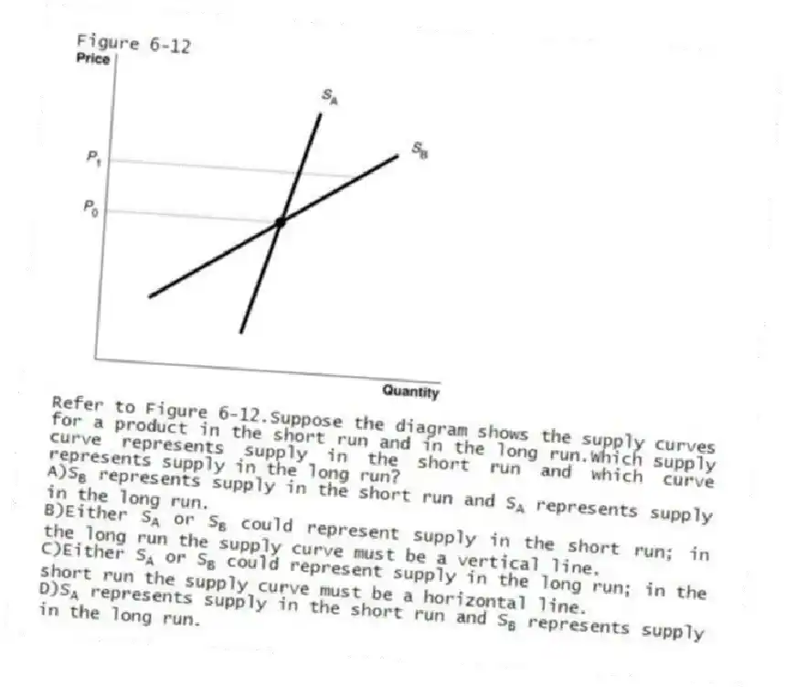 Figure 6-12
-Refer to Figure 6-12.Suppose the diagram shows the supply curves for a product in the short run and in the long run.Which supply curve represents supply in the short run and which curve represents supply in the long run?
A)S<sub>B</sub> represents supply in the short run and S<sub>A</sub> represents supply in the long run.
B)Either S<sub>A</sub> or S<sub>B</sub> could represent supply in the short run; in the long run the supply curve must be a vertical line.
C)Either S<sub>A</sub> or S<sub>B</sub> could represent supply in the long run; in the short run the supply curve must be a horizontal line.
D)S<sub>A</sub> represents supply in the short run and S<sub>B</sub> represents supply in the long run.