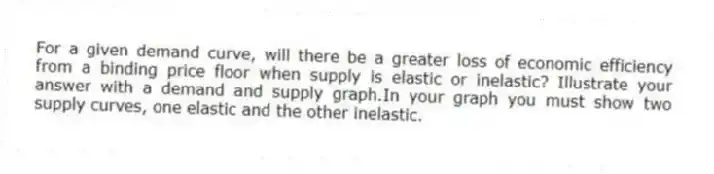 For a given demand curve, will there be a greater loss of economic efficiency from a binding price floor when supply is elastic or inelastic? Illustrate your answer with a demand and supply graph.In your graph you must show two supply curves, one elastic and the other inelastic.