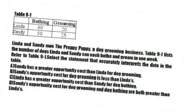 Table 9-1
Linda and Sandy own The Preppy Puppy, a dog grooming business. Table 9-1 lists the number of dogs Linda and Sandy can each bathe and groom in one week.
-Refer to Table 9-1.Select the statement that accurately interprets the data in the table.
A)Sandy has a greater opportunity cost than Linda for dog grooming.
B)Sandy's opportunity cost for dog grooming is less than Linda's.
C)Linda has a greater opportunity cost than Sandy for dog bathing.
D)Sandy's opportunity cost for dog grooming and dog bathing are both greater than Linda's.