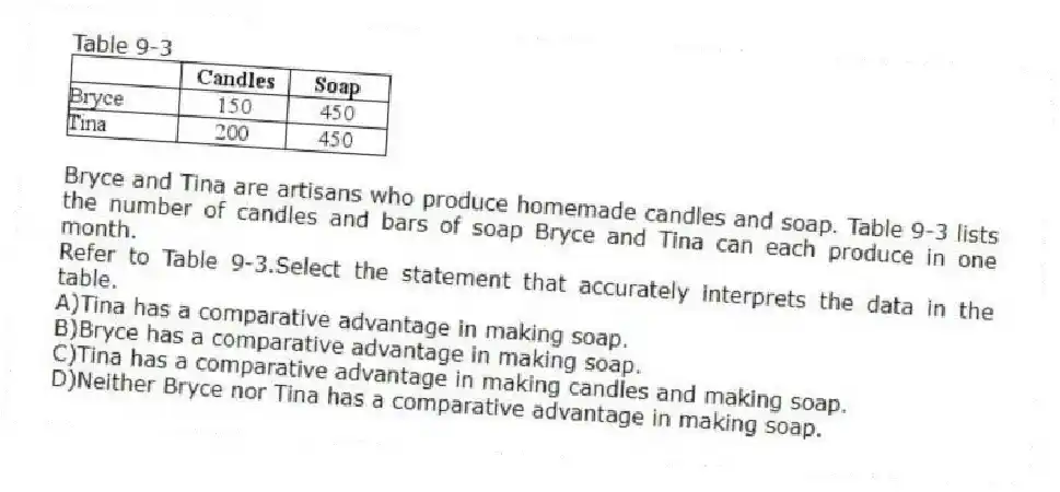 Table 9-3
Bryce and Tina are artisans who produce homemade candles and soap. Table 9-3 lists the number of candles and bars of soap Bryce and Tina can each produce in one month.
-Refer to Table 9-3.Select the statement that accurately interprets the data in the table.
A)Tina has a comparative advantage in making soap.
B)Bryce has a comparative advantage in making soap.
C)Tina has a comparative advantage in making candles and making soap.
D)Neither Bryce nor Tina has a comparative advantage in making soap.