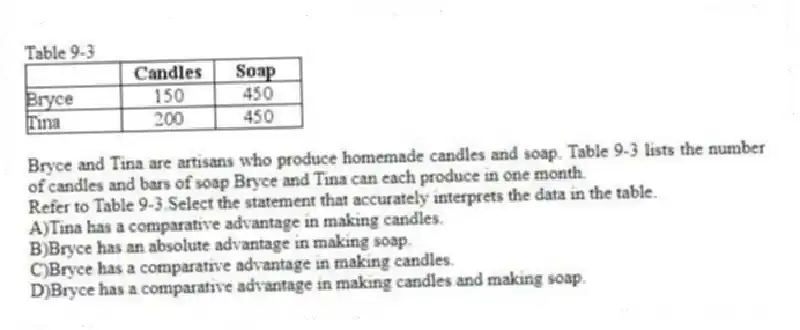 Table 9-3
Bryce and Tina are artisans who produce homemade candles and soap. Table 9-3 lists the number of candles and bars of soap Bryce and Tina can each produce in one month.
-Refer to Table 9-3.Select the statement that accurately interprets the data in the table.
A)Tina has a comparative advantage in making candles.
B)Bryce has an absolute advantage in making soap.
C)Bryce has a comparative advantage in making candles.
D)Bryce has a comparative advantage in making candles and making soap.