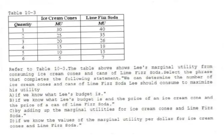 Table 10-3
 
-Refer to Table 10-3.The table above shows Lee's marginal utility from consuming ice cream cones and cans of Lime Fizz Soda.Select the phrase that completes the following statement."We can determine the number of ice cream cones and cans of Lime Fizz Soda Lee should consume to maximize his utility
A)if we know what Lee's budget is." 
B)if we know what Lee's budget is and the price of an ice cream cone and the price of a can of Lime Fizz Soda." 
C)by adding up the marginal utilities for ice cream cones and Lime Fizz Soda." 
D)if we know the values of the marginal utility per dollar for ice cream cones and Lime Fizz Soda."
