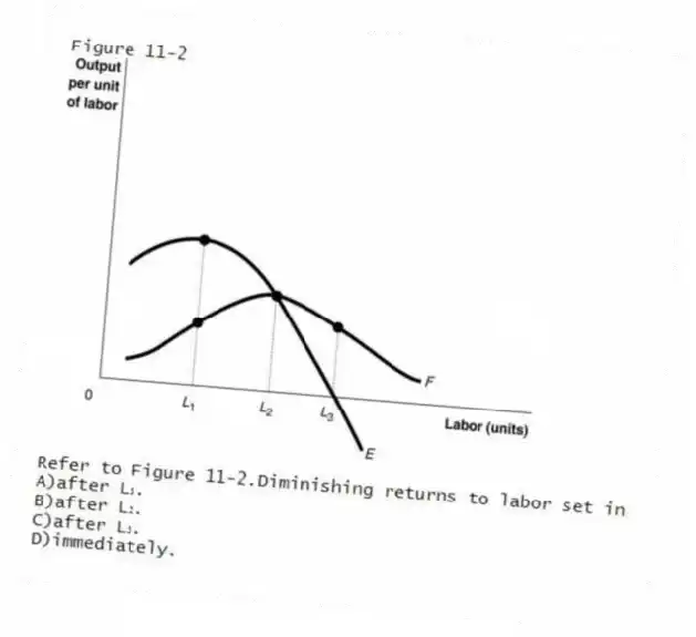 Figure 11-2
-Refer to Figure 11-2.Diminishing returns to labor set in
A)after L₁.
B)after L₂.
C)after L₃.
D)immediately.