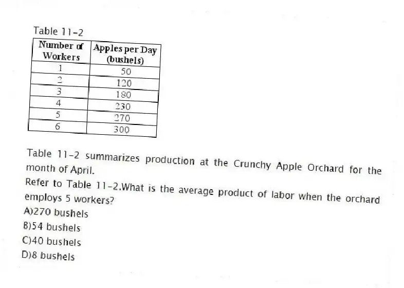 Table 11-2
Table 11-2 summarizes production at the Crunchy Apple Orchard for the month of April.
-Refer to Table 11-2.What is the average product of labor when the orchard employs 5 workers?
A)270 bushels
B)54 bushels
C)40 bushels
D)8 bushels