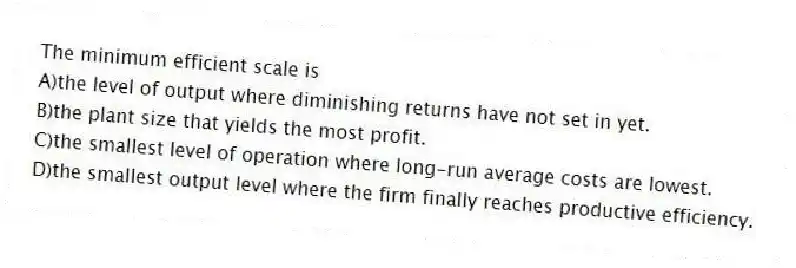 The minimum efficient scale is
A)the level of output where diminishing returns have not set in yet.
B)the plant size that yields the most profit.
C)the smallest level of operation where long-run average costs are lowest.
D)the smallest output level where the firm finally reaches productive efficiency.