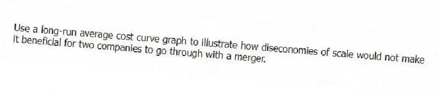 Use a long-run average cost curve graph to illustrate how diseconomies of scale would not make it beneficial for two companies to go through with a merger.