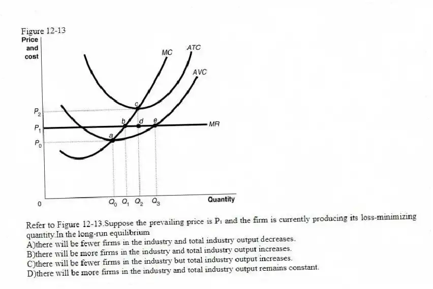 Figure 12-13
-Refer to Figure 12-13.Suppose the prevailing price is P₁ and the firm is currently producing its loss-minimizing quantity.In the long-run equilibrium
A)there will be fewer firms in the industry and total industry output decreases.
B)there will be more firms in the industry and total industry output increases.
C)there will be fewer firms in the industry but total industry output increases.
D)there will be more firms in the industry and total industry output remains constant.