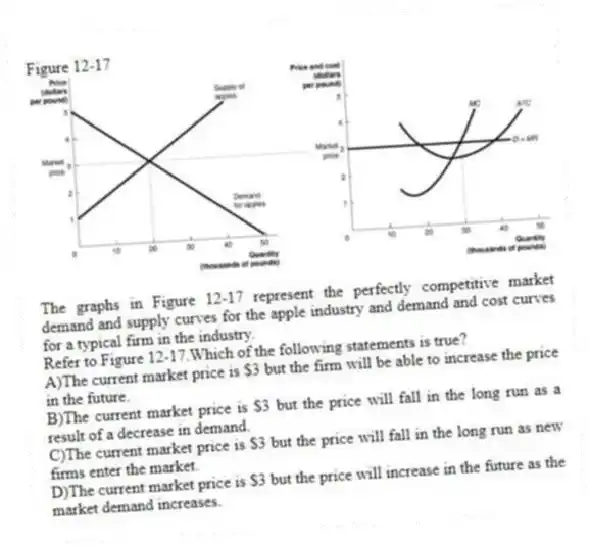 Figure 12-17
The graphs in Figure 12-17 represent the perfectly competitive market demand and supply curves for the apple industry and demand and cost curves for a typical firm in the industry.
-Refer to Figure 12-17.Which of the following statements is true?
A)The current market price is $3 but the firm will be able to increase the price in the future.
B)The current market price is $3 but the price will fall in the long run as a result of a decrease in demand.
C)The current market price is $3 but the price will fall in the long run as new firms enter the market.
D)The current market price is $3 but the price will increase in the future as the market demand increases.