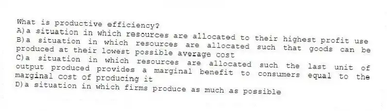 What is productive efficiency?
A)a situation in which resources are allocated to their highest profit use
B)a situation in which resources are allocated such that goods can be produced at their lowest possible average cost
C)a situation in which resources are allocated such the last unit of output produced provides a marginal benefit to consumers equal to the marginal cost of producing it
D)a situation in which firms produce as much as possible