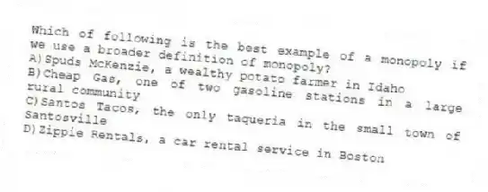 Which of following is the best example of a monopoly if we use a broader definition of monopoly?
A)Spuds McKenzie, a wealthy potato farmer in Idaho
B)Cheap Gas, one of two gasoline stations in a large rural community
C)Santos Tacos, the only taqueria in the small town of Santosville
D)Zippie Rentals, a car rental service in Boston