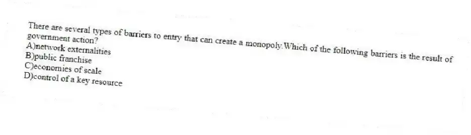 There are several types of barriers to entry that can create a monopoly.Which of the following barriers is the result of government action?
A)network externalities
B)public franchise
C)economies of scale
D)control of a key resource