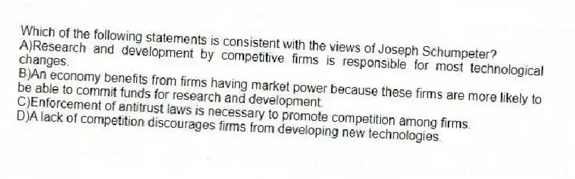 Which of the following statements is consistent with the views of Joseph Schumpeter?
A)Research and development by competitive firms is responsible for most technological changes.
B)An economy benefits from firms having market power because these firms are more likely to be able to commit funds for research and development.
C)Enforcement of antitrust laws is necessary to promote competition among firms.
D)A lack of competition discourages firms from developing new technologies.