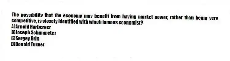 The possibility that the economy may benefit from having market power, rather than being very competitive, is closely identified with which famous economist?
A)Arnold Harberger
B)Joseph Schumpeter
C)Sergey Brin
D)Donald Turner