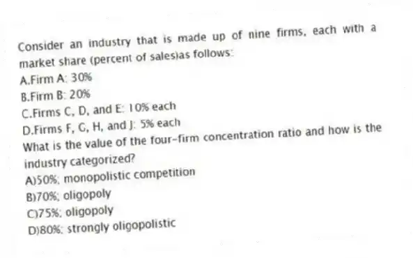 Consider an industry that is made up of nine firms, each with a market share (percent of sales)as follows:
A.Firm A: 30%
B.Firm B: 20%
C.Firms C, D, and E: 10% each
D.Firms F, G, H, and J: 5% each
What is the value of the four-firm concentration ratio and how is the industry categorized?
A)50%; monopolistic competition
B)70%; oligopoly
C)75%; oligopoly
D)80%; strongly oligopolistic