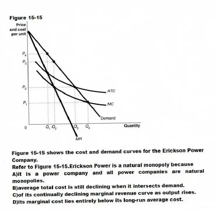 Figure 15-15
Figure 15-15 shows the cost and demand curves for the Erickson Power Company.
-Refer to Figure 15-15.Erickson Power is a natural monopoly because
A)it is a power company and all power companies are natural monopolies.
B)average total cost is still declining when it intersects demand.
C)of its continually declining marginal revenue curve as output rises.
D)its marginal cost lies entirely below its long-run average cost.