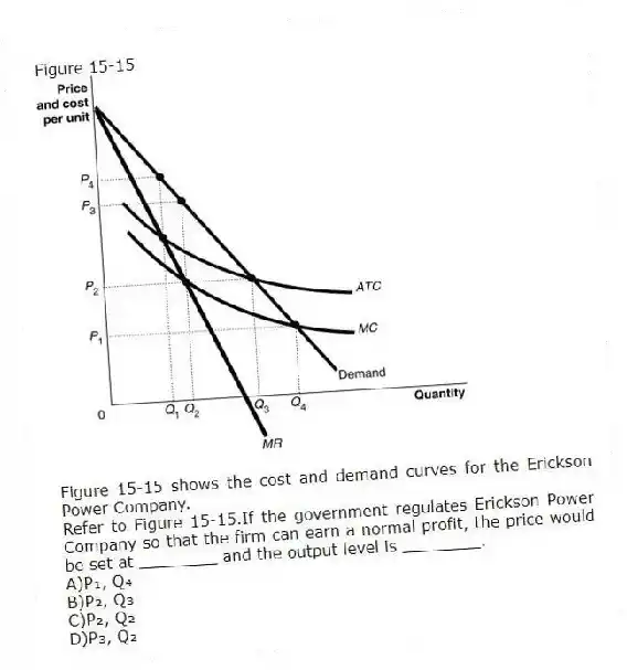 Figure 15-15
  
Figure 15-15 shows the cost and demand curves for the Erickson Power Company.
-Refer to Figure 15-15.If the government regulates Erickson Power Company so that the firm can earn a normal profit, the price would be set at ________ and the output level is ________.
A)P₁, Q₄ 
B)P₂, Q₃ 
C)P₂, Q₂ 
D)P₃, Q₂

