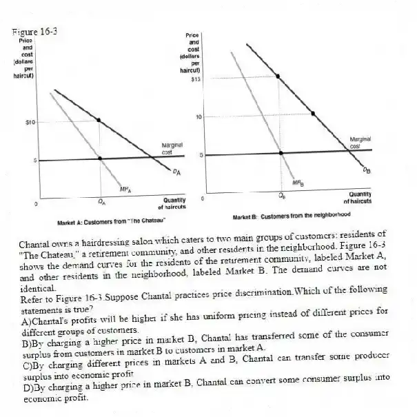Figure 16-3
Chantal owns a hairdressing salon which caters to two main groups of customers: residents of "The Chateau," a retirement community, and other residents in the neighborhood. Figure 16-3 shows the demand curves for the residents of the retirement community, labeled Market A, and other residents in the neighborhood, labeled Market B. The demand curves are not identical.
-Refer to Figure 16-3.Suppose Chantal practices price discrimination.Which of the following statements is true?
A)Chantal's profits will be higher if she has uniform pricing instead of different prices for different groups of customers.
B)By charging a higher price in market B, Chantal has transferred some of the consumer surplus from customers in market B to customers in market A.
C)By charging different prices in markets A and B, Chantal can transfer some producer surplus into economic profit.
D)By charging a higher price in market B, Chantal can convert some consumer surplus into economic profit.