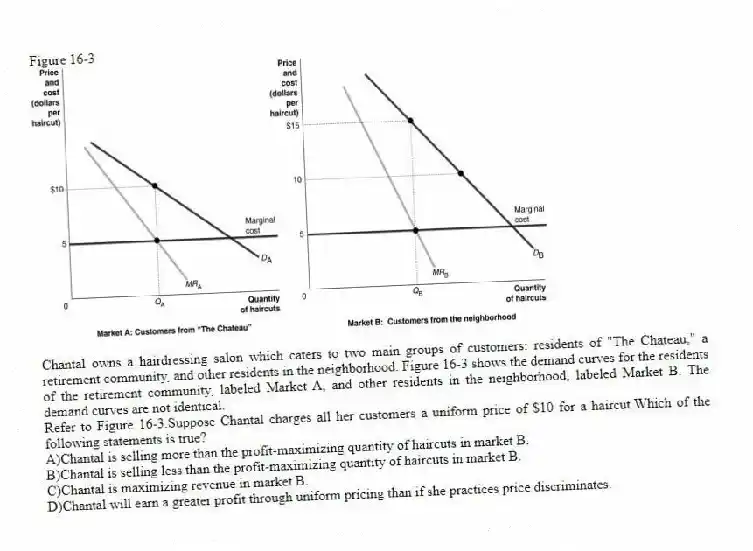 Figure 16-3
Chantal owns a hairdressing salon which caters to two main groups of customers: residents of "The Chateau," a retirement community, and other residents in the neighborhood. Figure 16-3 shows the demand curves for the residents of the retirement community, labeled Market A, and other residents in the neighborhood, labeled Market B. The demand curves are not identical.
-Refer to Figure 16-3.Suppose Chantal charges all her customers a uniform price of $10 for a haircut.Which of the following statements is true?
A)Chantal is selling more than the profit-maximizing quantity of haircuts in market B.
B)Chantal is selling less than the profit-maximizing quantity of haircuts in market B.
C)Chantal is maximizing revenue in market B.
D)Chantal will earn a greater profit through uniform pricing than if she practices price discriminates.
