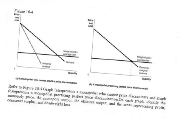 Figure 16-4
-Refer to Figure 16-4.Graph (a)represents a monopolist who cannot price discriminate and graph (b)represents a monopolist practicing perfect price discrimination.On each graph, identify the monopoly price, the monopoly output, the efficient output, and the areas representing profit, consumer surplus, and deadweight loss.