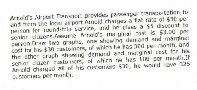 Arnold's Airport Transport provides passenger transportation to and from the local airport.Arnold charges a flat rate of $30 per person for round-trip service, and he gives a $5 discount to senior citizens.Assume Arnold's marginal cost is $3.00 per person.Draw two graphs, one showing demand and marginal cost for his $30 customers, of which he has 300 per month, and the other graph showing demand and marginal cost for his senior citizen customers, of which he has 100 per month.If Arnold charged all of his customers $30, he would have 325 customers per month.
