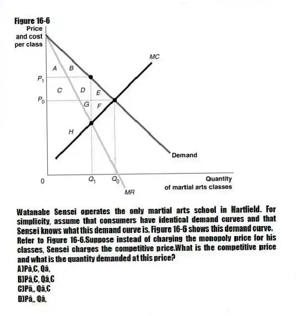Figure 16-6
Watanabe Sensei operates the only martial arts school in Hartfield. For simplicity, assume that consumers have identical demand curves and that Sensei knows what this demand curve is. Figure 16-6 shows this demand curve.
-Refer to Figure 16-6.Suppose instead of charging the monopoly price for his classes, Sensei charges the competitive price.What is the competitive price and what is the quantity demanded at this price?
A)P₀, Q₁
B)P₀, Q₀
C)P₁, Q₀
D)P₁, Q₁