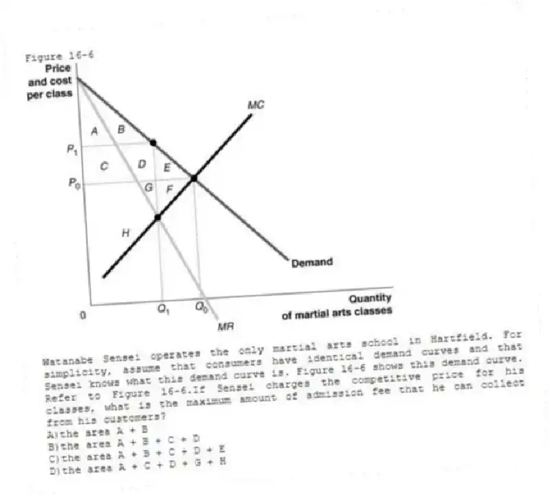 Figure 16-6
Watanabe Sensei operates the only martial arts school in Hartfield. For simplicity, assume that consumers have identical demand curves and that Sensei knows what this demand curve is. Figure 16-6 shows this demand curve.
-Refer to Figure 16-6.If Sensei charges the competitive price for his classes, what is the maximum amount of admission fee that he can collect from his customers?
A)the area A + B
B)the area A + B + C + D
C)the area A + B + C + D + E
D)the area A + C + D + G + H
