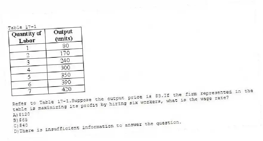Table 17-1
-Refer to Table 17-1.Suppose the output price is $3.If the firm represented in the table is maximizing its profit by hiring six workers, what is the wage rate?
A)$120
B)$65
C)$40
D)There is insufficient information to answer the question.