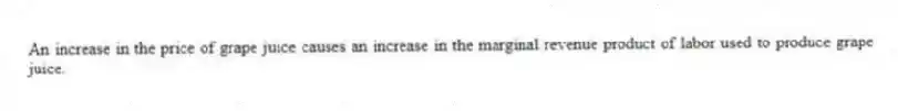 An increase in the price of grape juice causes an increase in the marginal revenue product of labor used to produce grape juice.