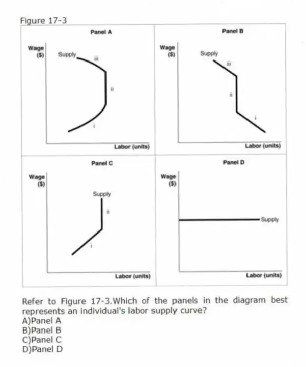 Figure 17-3
-Refer to Figure 17-3.Which of the panels in the diagram best represents an individual's labor supply curve?
A)Panel A
B)Panel B
C)Panel C
D)Panel D