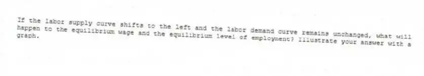 If the labor supply curve shifts to the left and the labor demand curve remains unchanged, what will happen to the equilibrium wage and the equilibrium level of employment? Illustrate your answer with a graph.