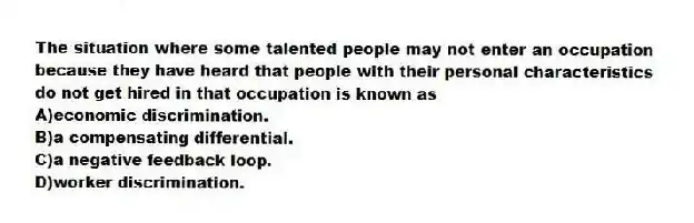 The situation where some talented people may not enter an occupation because they have heard that people with their personal characteristics do not get hired in that occupation is known as
A)economic discrimination.
B)a compensating differential.
C)a negative feedback loop.
D)worker discrimination.