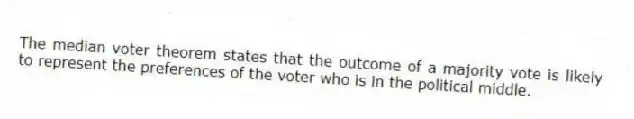 The median voter theorem states that the outcome of a majority vote is likely to represent the preferences of the voter who is in the political middle.