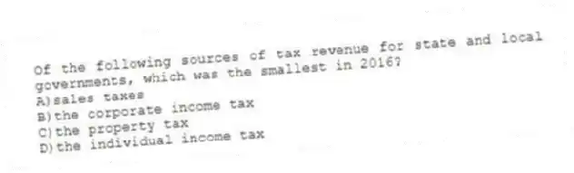 Of the following sources of tax revenue for state and local governments, which was the smallest in 2016?
A)sales taxes
B)the corporate income tax
C)the property tax
D)the individual income tax