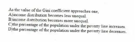 As the value of the Gini coefficient approaches one,
A)income distribution becomes less unequal.
B)income distribution becomes more unequal.
C)the percentage of the population under the poverty line increases.
D)the percentage of the population under the poverty line decreases.