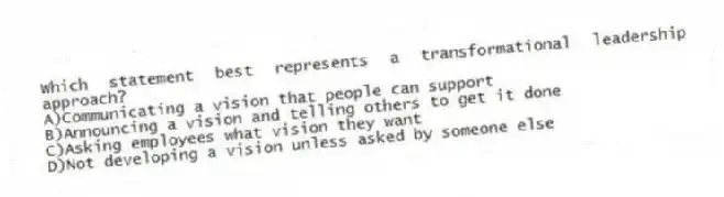 Which statement best represents a transformational leadership approach?
A)Communicating a vision that people can support
B)Announcing a vision and telling others to get it done
C)Asking employees what vision they want
D)Not developing a vision unless asked by someone else