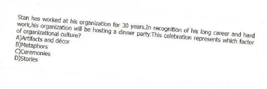 Stan has worked at his organization for 30 years.In recognition of his long career and hard work,his organization will be hosting a dinner party.This celebration represents which factor of organizational culture?
A)Artifacts and décor
B)Metaphors
C)Ceremonies
D)Stories