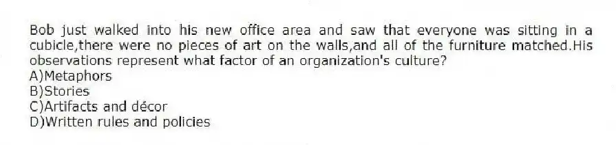 Bob just walked into his new office area and saw that everyone was sitting in a cubicle,there were no pieces of art on the walls,and all of the furniture matched.His observations represent what factor of an organization's culture?
A)Metaphors
B)Stories
C)Artifacts and décor
D)Written rules and policies