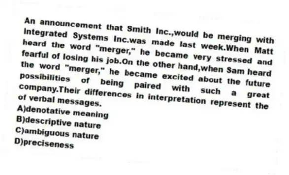 An announcement that Smith Inc.,would be merging with Integrated Systems Inc.was made last week.When Matt heard the word "merger," he became very stressed and fearful of losing his job.On the other hand,when Sam heard the word "merger," he became excited about the future possibilities of being paired with such a great company.Their differences in interpretation represent the of verbal messages.
A)denotative meaning
B)descriptive nature
C)ambiguous nature
D)preciseness