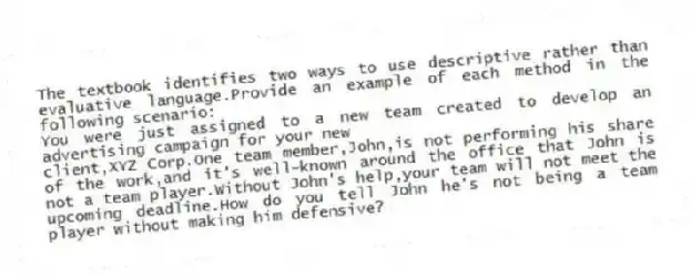 The textbook identifies two ways to use descriptive rather than evaluative language.Provide an example of each method in the following scenario:
You were just assigned to a new team created to develop an advertising campaign for your new
client,XYZ Corp.One team member,John,is not performing his share of the work,and it's well-known around the office that John is not a team player.Without John's help,your team will not meet the upcoming deadline.How do you tell John he's not being a team player without making him defensive?