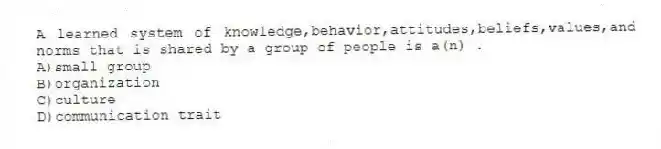 A learned system of knowledge,behavior,attitudes,beliefs,values,and norms that is shared by a group of people is a(n) .
A)small group
B)organization
C)culture
D)communication trait