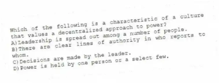 Which of the following is a characteristic of a culture that values a decentralized approach to power?
A)Leadership is spread out among a number of people.
B)There are clear lines of authority in who reports to whom.
C)Decisions are made by the leader.
D)Power is held by one person or a select few.