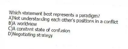 Which statement best represents a paradigm?
A)Not understanding each other's positions in a conflict
B)A worldview
C)A constant state of confusion
D)Negotiating strategy