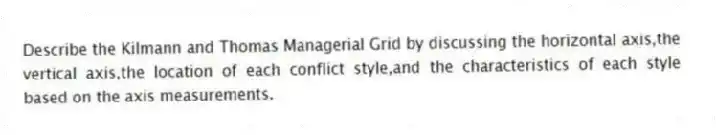 Describe the Kilmann and Thomas Managerial Grid by discussing the horizontal axis,the vertical axis,the location of each conflict style,and the characteristics of each style based on the axis measurements.